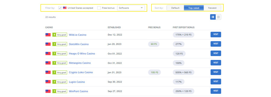 filter casino list